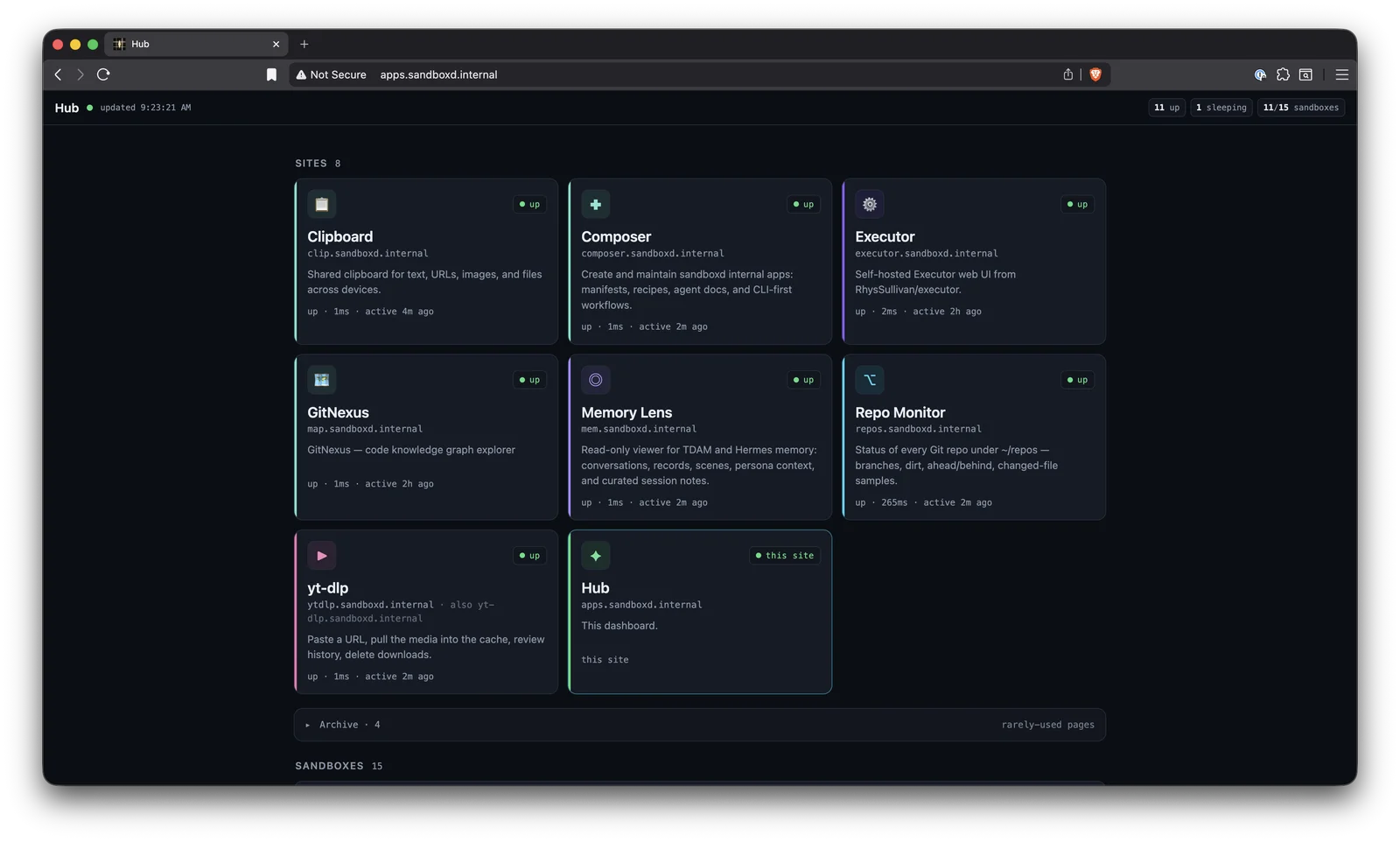 Hub dashboard showing local-net internal apps: Clipboard, Composer, Executor, GitNexus, Memory Lens, Repo Monitor, yt-dlp