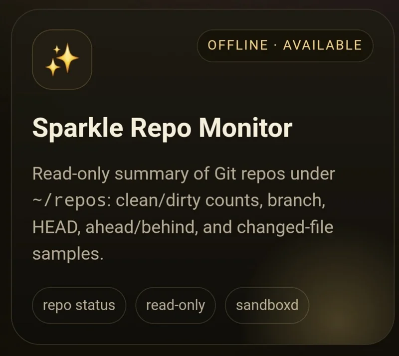 ChatGPT 5.5 generated UI card titled 'Sparkle Repo Monitor' with dark background, rounded corners, and pill-shaped tags
