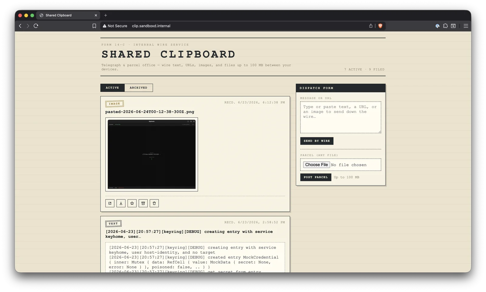 clip internal shared clipboard app with postal service-inspired design: cream background, bold serif header, dense layout with active item and dispatch form visible simultaneously