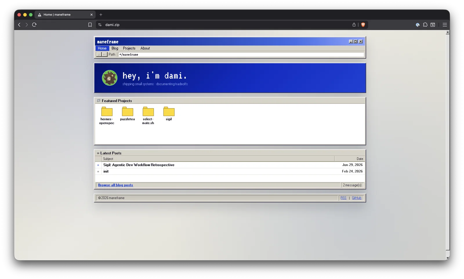 maneframe blog with Windows 95 aesthetic: blue gradient titlebar, folder icons for projects, email-client list for blog posts