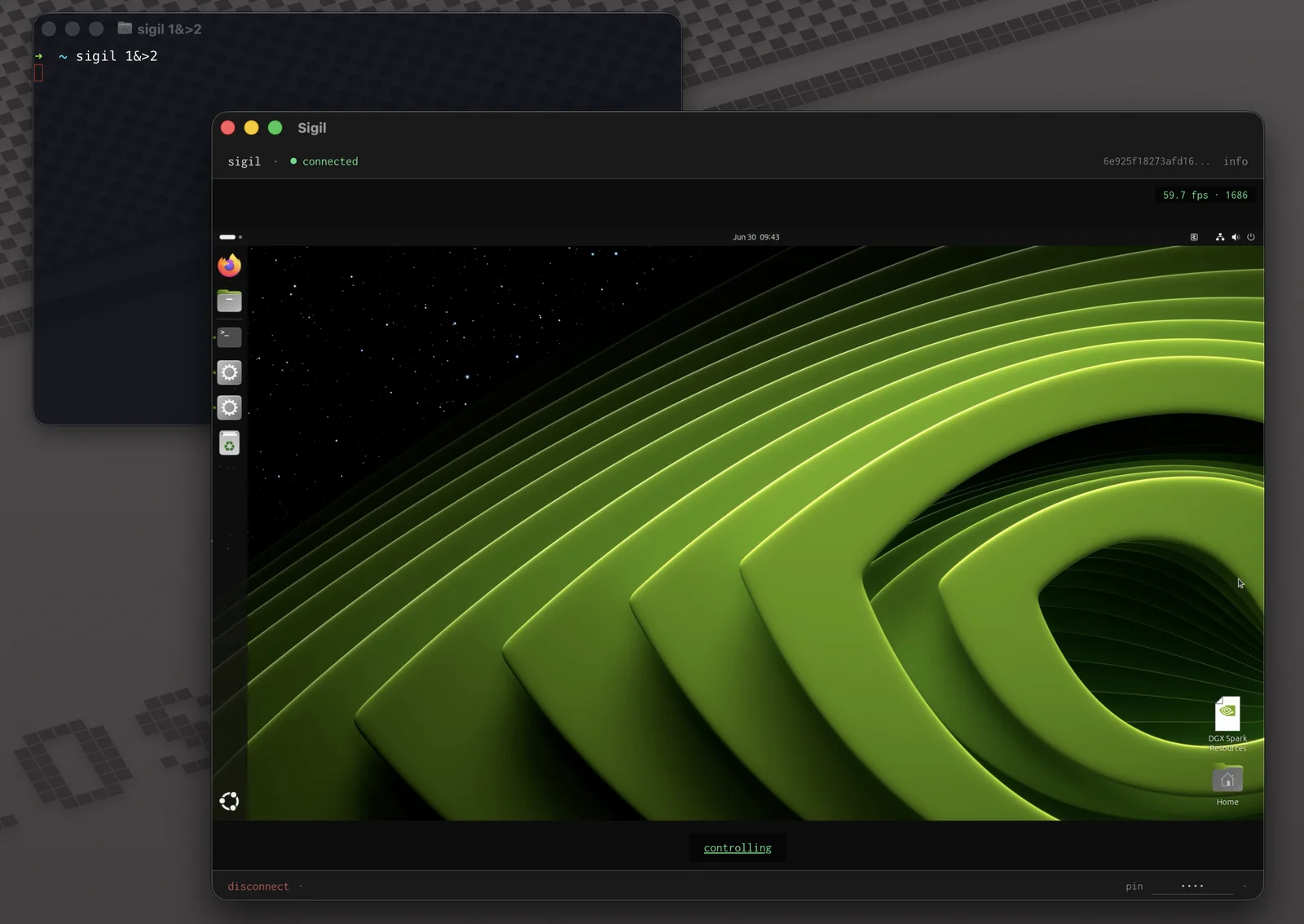 sigil remote desktop application: dark theme, TUI-inspired sidebar, keyboard-first layout, shallow navigation depth