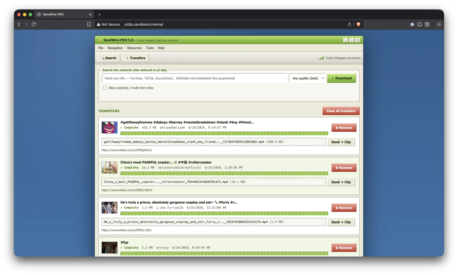 yt-dlp local web UI styled after LimeWire: green accents, transfer list layout, early 2000s toolbar aesthetic