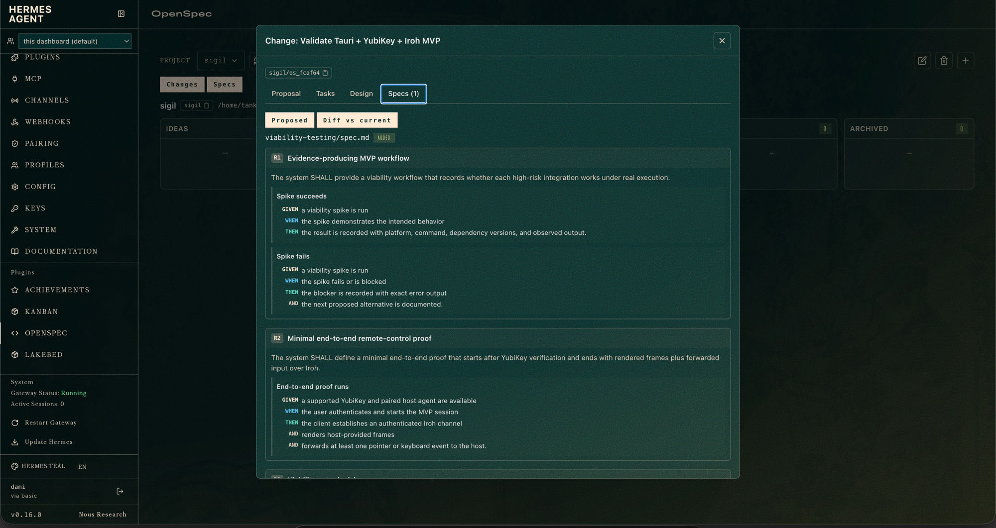 hermes-openspec dashboard showing the Change: Validate Tauri + YubiKey + Iroh MVP modal with spec requirements